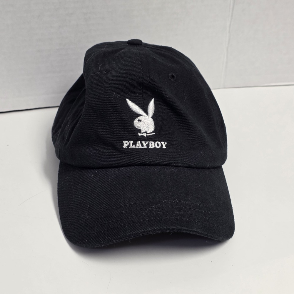 Playboy Baseball Cap Adjustable White Rabbit Head Logo Black Hat